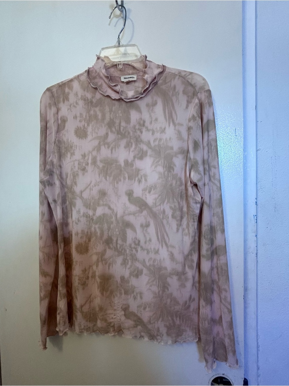 Anthropologie Pilcro Sheer Blush Ruffle Mock Neck Long Sleeve Top